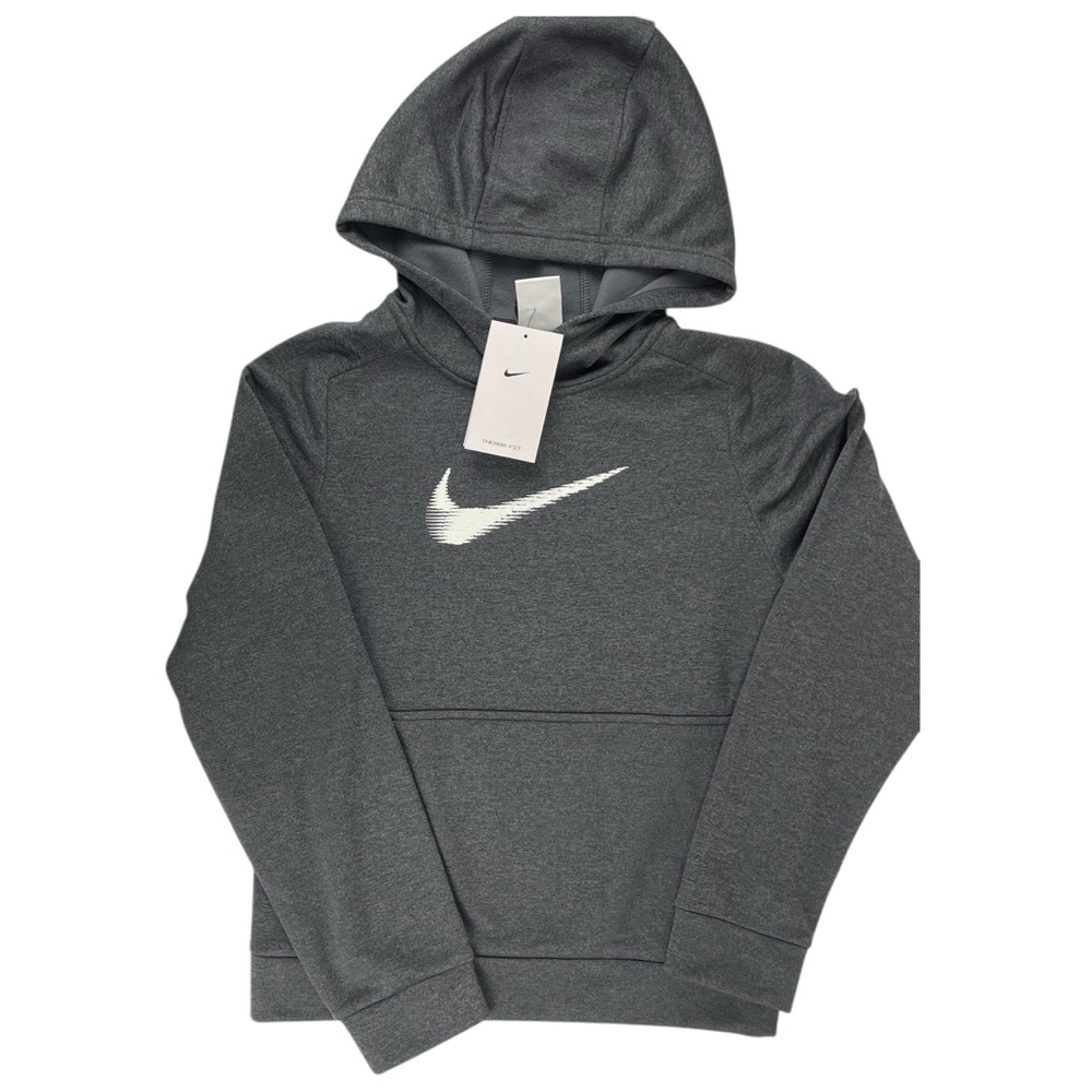 Nike Kids Therma Fit Gray Swoosh Hoodie Kangaroo Pocket Size M